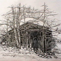 Federzeichnung:  Bei der alten Hütte im Winter