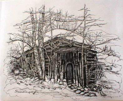 Federzeichnung:  Bei der alten Hütte im Winter