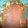 Metall-Malerei: Altes Hausschild aus Blech - Jesus mit den Emmaus-Jüngern