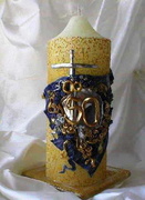  Kerze f Goldene Hochzeit mit  Glasschale H-27 cm Durchmesser -10 cm  Mit Blattwachs handverziert