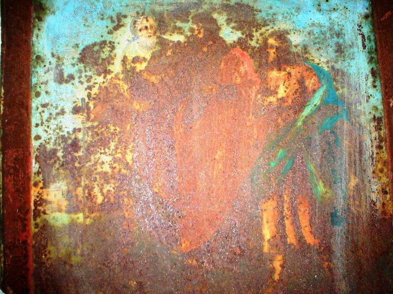 Metall-Malerei Altes Hausschild aus Blech - Jesus mit den Emmaus-J__ngern.JPG