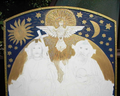 Fürthauer-Kapelle: Entstehung des Altarbildes. Malen auf einer Metalltafel  Bilder 1 - 9; HL.Dreifaltigkeit