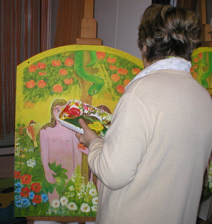 :Für einen Gartenbaubetrieb in Zwettl: Adam und Eva auf eine Metalltafel malen. Bild 1 - 6
