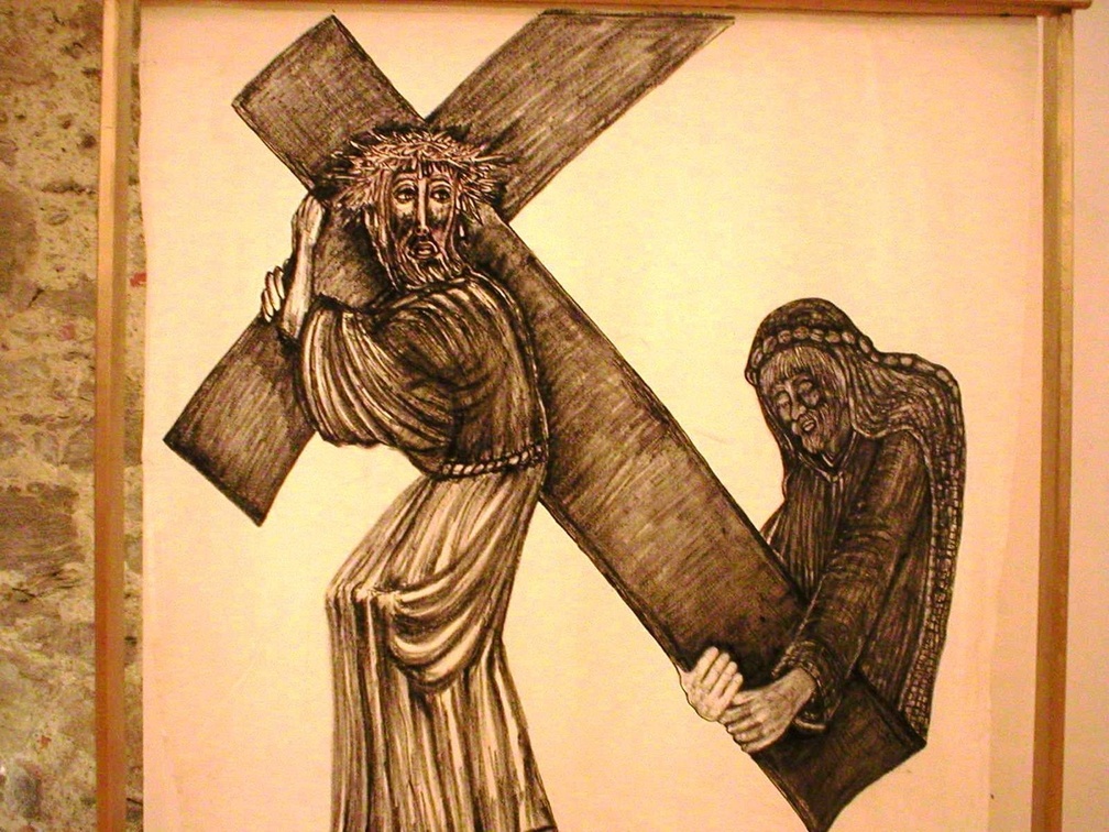 SM-04 Fastentuch Simon hilft Jesus das schwere Kreuz tragen  Auf Leinen gemalen