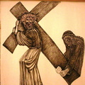 SM-04 Fastentuch Simon hilft Jesus das schwere Kreuz tragen  Auf Leinen gemalen